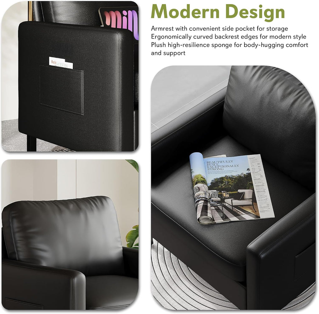 Black Faux Leather Accent Chairs with Arms, Waiting Room, Modern - Set of 2