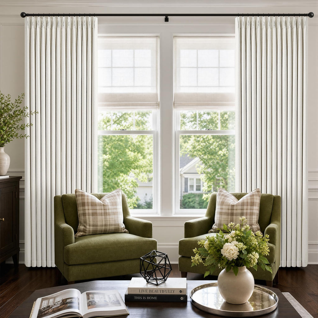 Birch Pinch Pleated Linen Blackout Curtains 86 Inch Length 2 Panels Thermal Insulated Full Blackout Dual Layer Drapes