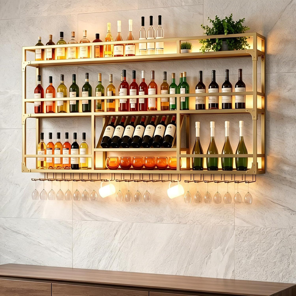 59in Wall Mounted Wine Rack, Floating Industrial Liquor Glass Holder 3 Tiers, Large Metal Wine Bottle Display Rack