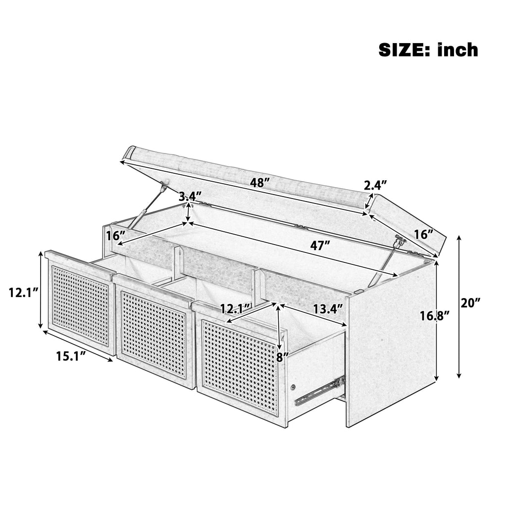 48" Shoe Storage Bench with Cushion, 2-Tier Entryway Bench with 3 Rattan Storage Drawers & Lift Top Storage, Retro