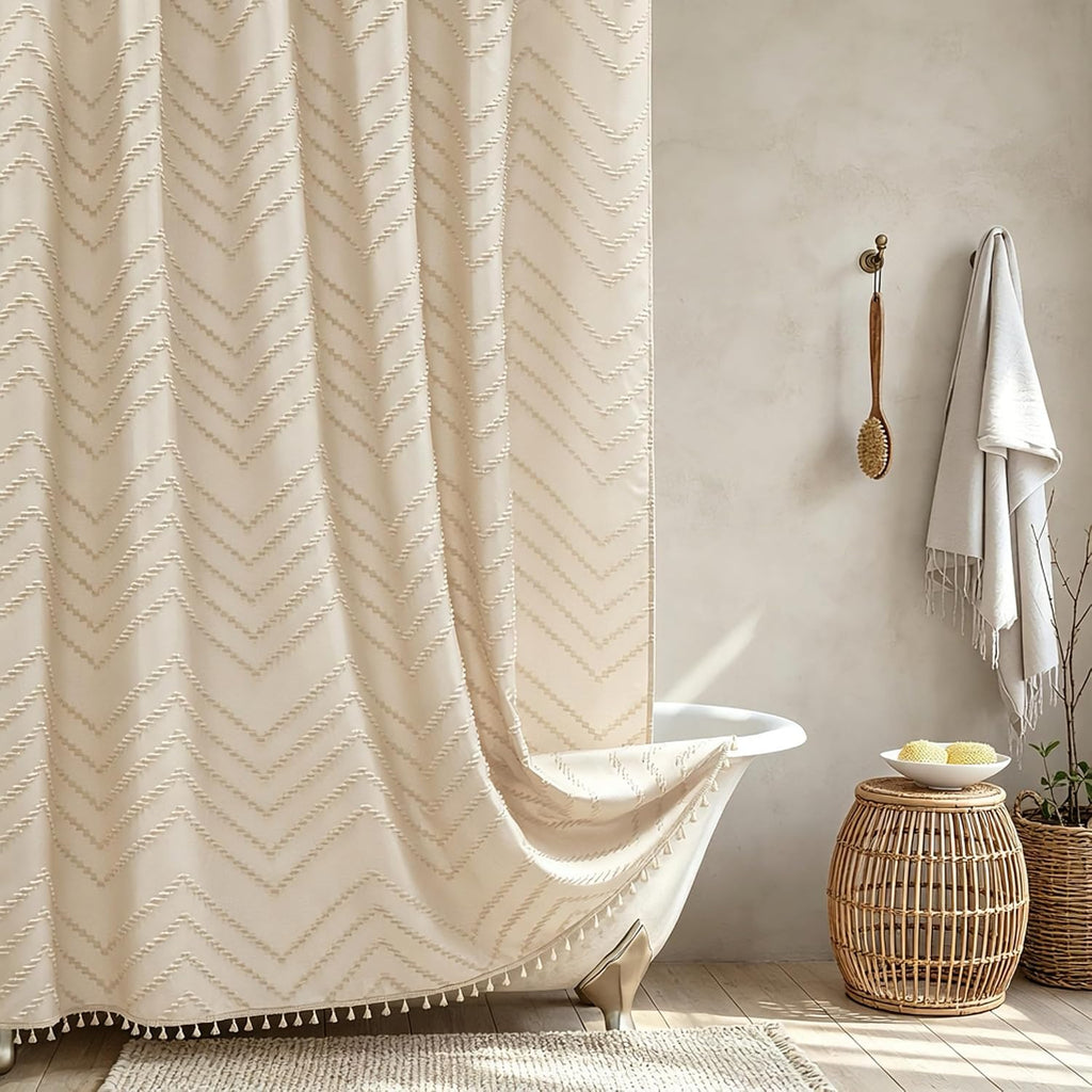 Boho Farmhouse Shower Curtain Woven Fabric Cute Beige Shower Curtain, 72 x 72 Tufted Chevron Textured Striped Modern
