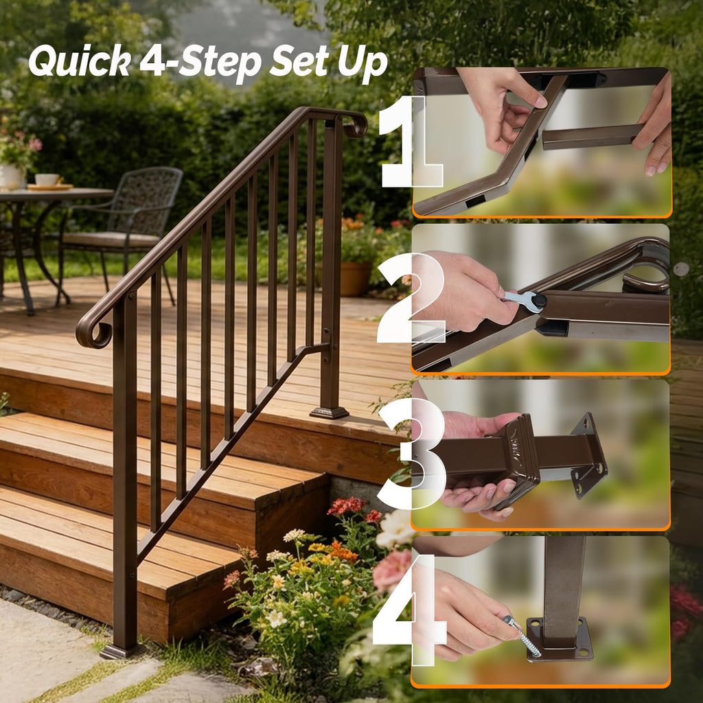 Handrails for Outdoor Steps, Stair Handrail Fits 1 to 5 Steps, Wrought Iron Hand Rail Stair Railing Kit for