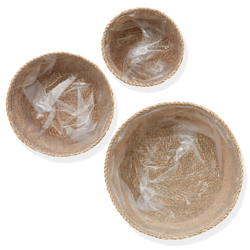 Set of 3 Seagrass Planter Baskets with Liners - Two-Tone, Hand Woven Indoor Flower Pot Covers for Plants, Succulents