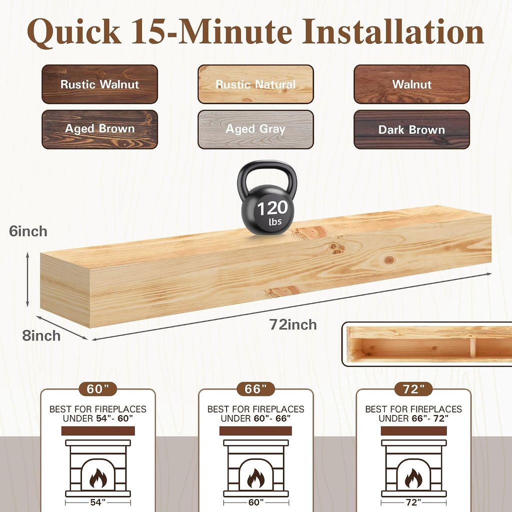 Handcrafted Wood Mantles for Over Fireplace - Wall Mounted Shelf - Floating for Living Room Decor - 72 Inch - Natural