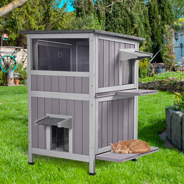 2 Story Wooden Outdoor Cat House Weatherproof with Escape Doors, Openable Roof, Feral Cat Shelter with Elevated Base