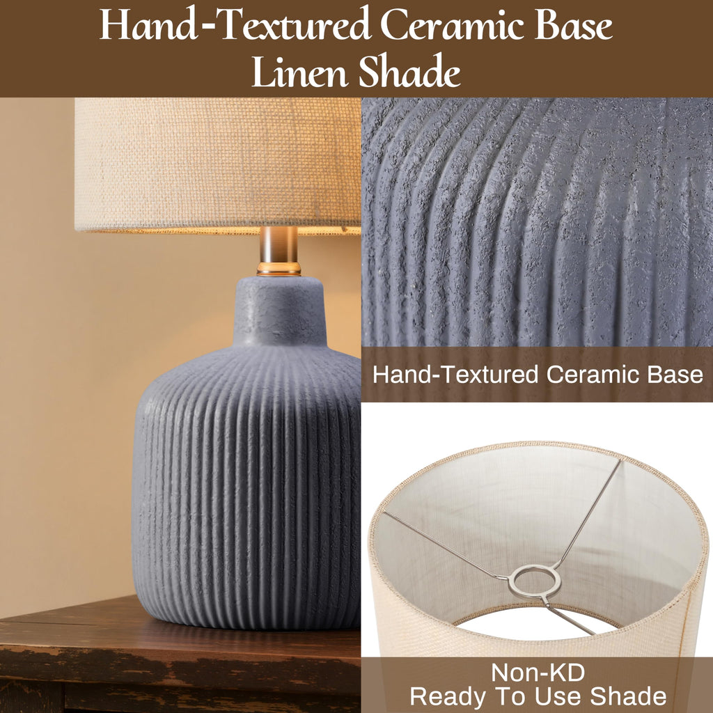 Ceramic Table Lamp, 17.75" Nautical Bedside Lamp with Beige Linen Shade, Warm Ambient Nightstand Lighting for Beach