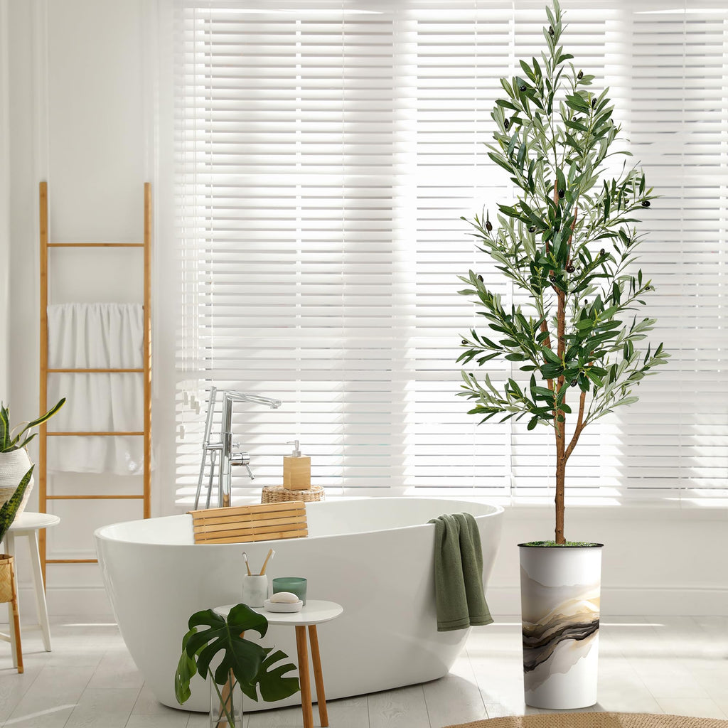 Artificial Tree in Flowing Black & White Smoke Abstract Shapes Planter, Fake Olive Silk Tree for Indoor and Outdoor