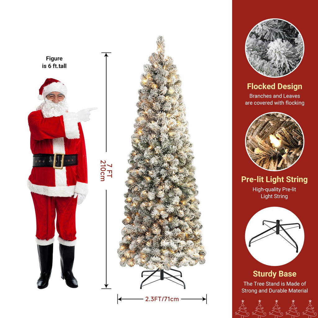 7ft Prelit Snow Flocked Artificial Slim Pencil Christmas Tree