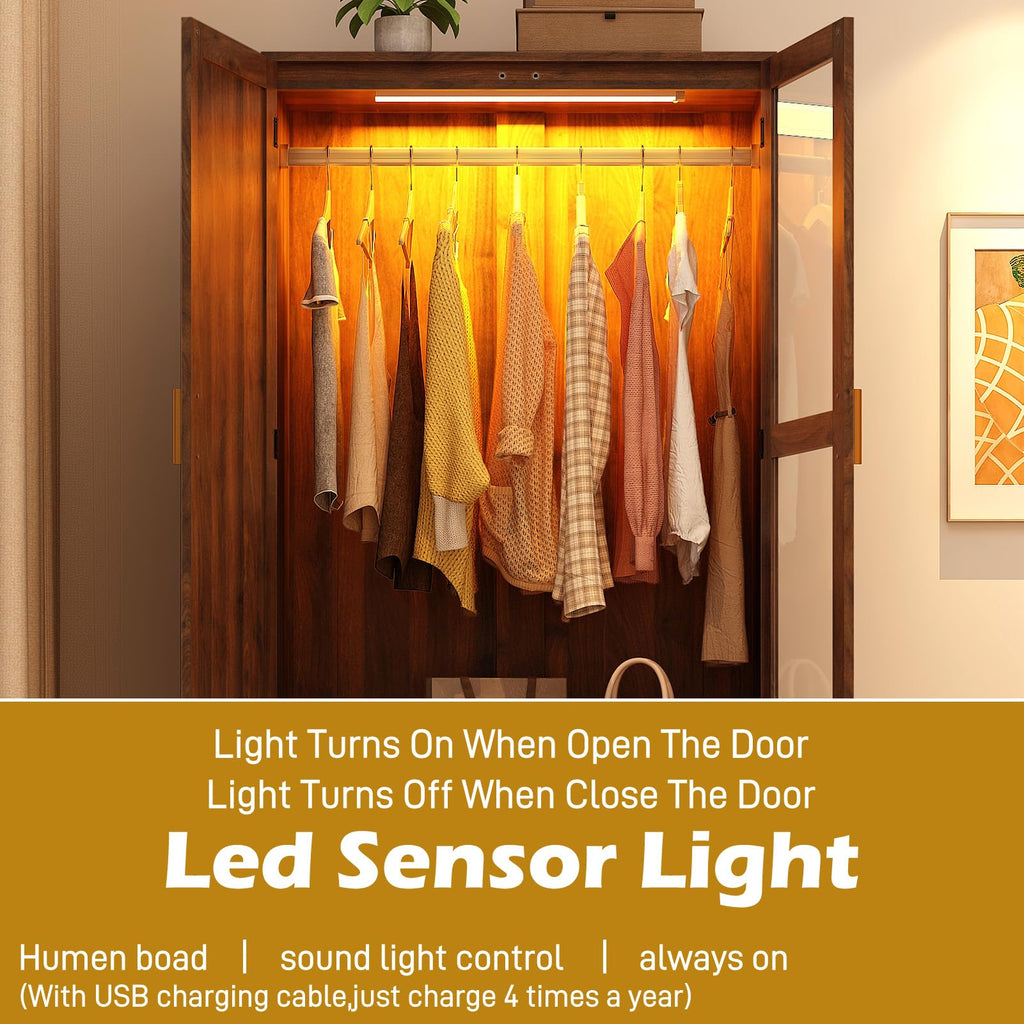 2Doors Armoire Wardrobe Closet with Sensor LED Light and Mirror