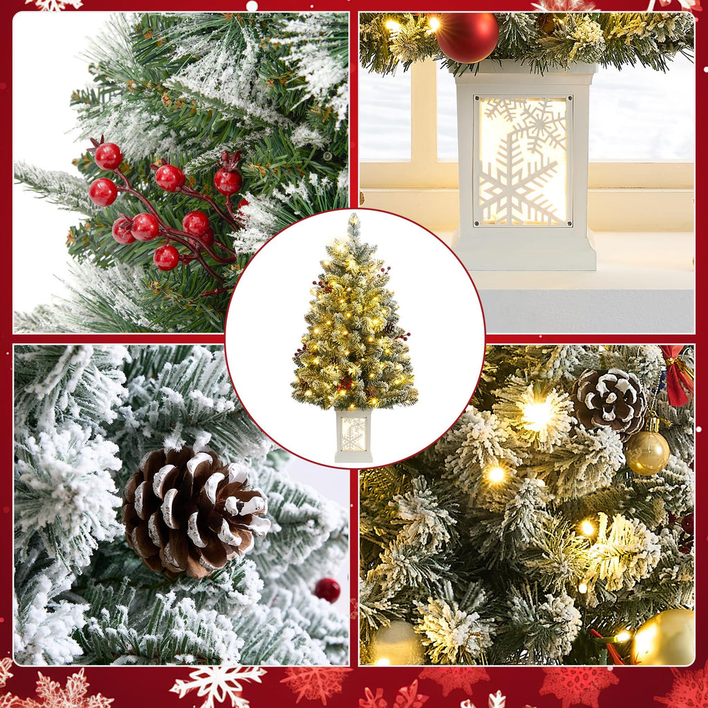 3 Ft Pre-Lit Christmas Tree, Frosted Artificial Christmas Tree with 78 Led Lights, 8-Mode Battery Box, Timer