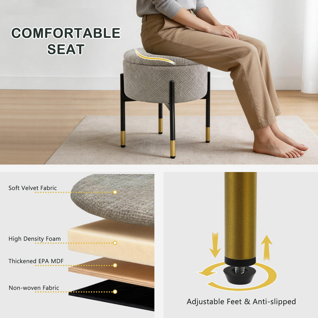 Round Ottoman with Storage, Velvet Makeup Vanity Stool, Small Ottoman Foot Stool with Coffee Table and Metal Legs