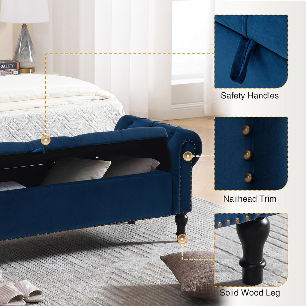Velvet Storage Bench 67 Inch Upholstered Tufted Ottoman Bench with Arms Large Storage Space King Size End of Bed