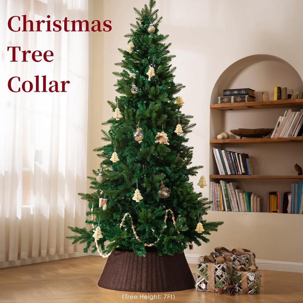 Rustic Farmhouse Christmas Tree Collar - 28Inch Woven Wicker Tree Base Stand Cover for Artificial Trees - Holiday