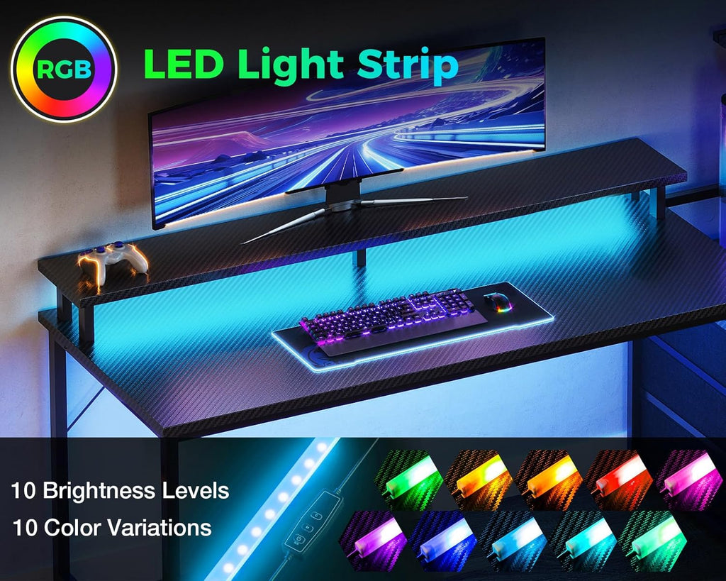 Gaming Desk w/PC Showcase Stand, 59" Reversible, RGB LED, Black | Elevated stand fits Lian Li O11, Hyte Y60. Triple