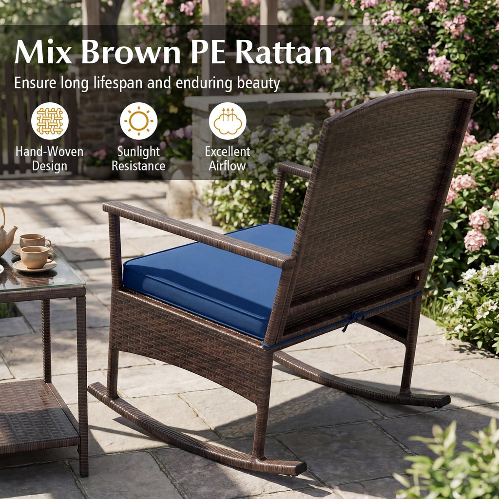 3-Piece Outdoor Bistro Set Wicker Rocking Chairs (Navy)
