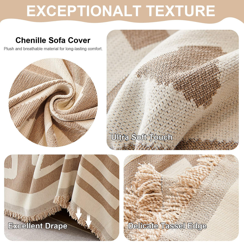 Boho Chenille Couch Cover Large Loveseat Cover for Sofa, Soft Machine-washable Sofa Cover for 2 Cushion Couch Sofa