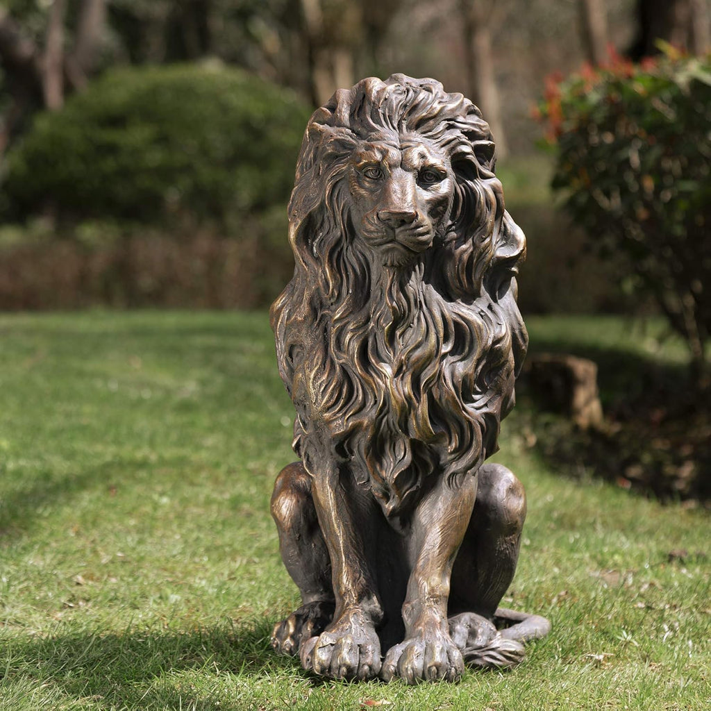 Bronze-Tone Lion Statue, 20.47 in Sitting Resin Garden Sculpture | Layered flowing mane, defined facial features