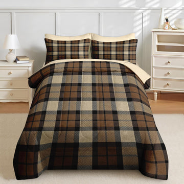 Comforter Set with Sheets, 7 Pieces Plaid Brown Bedding