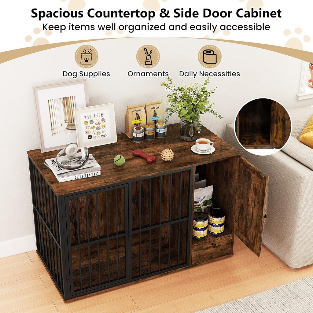 47.5" Heavy Duty Dog Crate Furniture with Bowl & Storage Cabinet