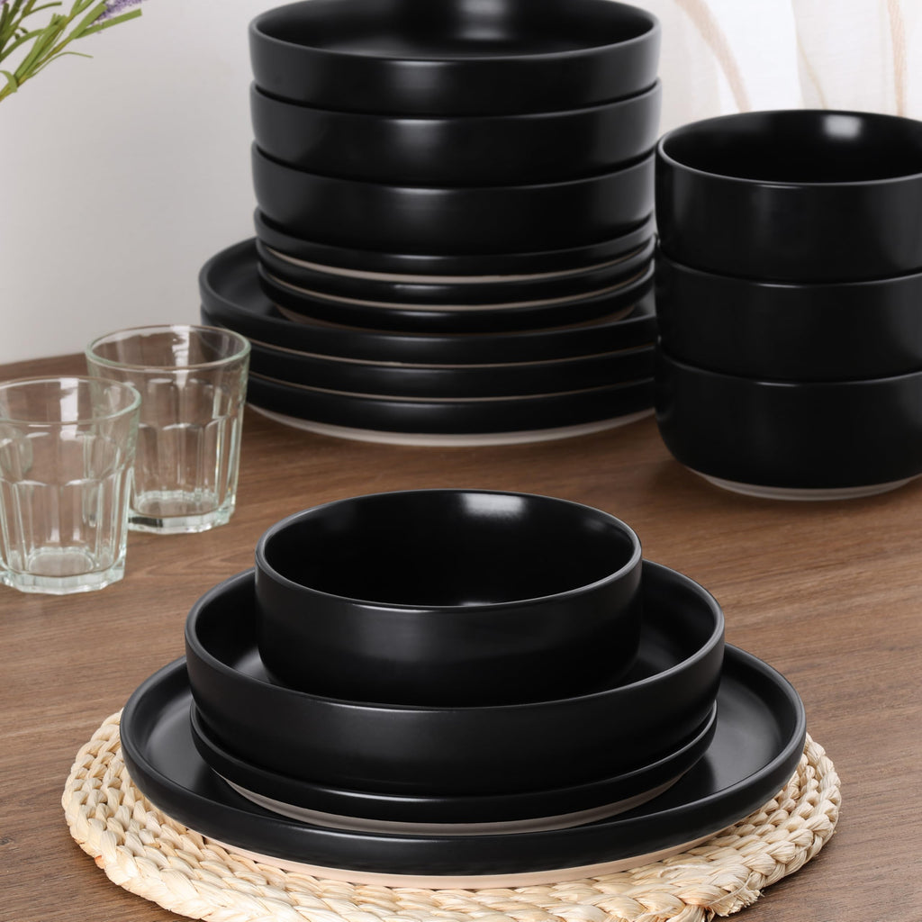 16-Piece Plates and Bowls Set for 4, Stoneware Dinnerware Sets with Pasta Bowl, Dishes Set Restaurant, Frosting Black