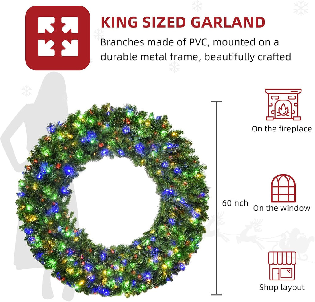60in Large Christmas Wreath - Lighted Wreaths Holiday Decor, Outdoor Wreath with 300 Colorful LEDs, 930 PVC Tips, 9