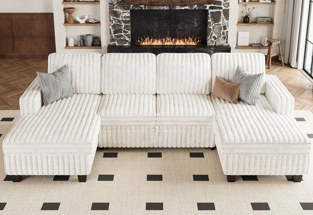 Modular Sectional Sleeper Sofa with Pull Out Couch Bed Corduroy Double Chaise with Storage Beige Couch