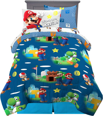 Super Mario Kids Bedding Set, Twin 5 Piece Comforter and Sheet Set with Sham, (Officially Licensed Product)
