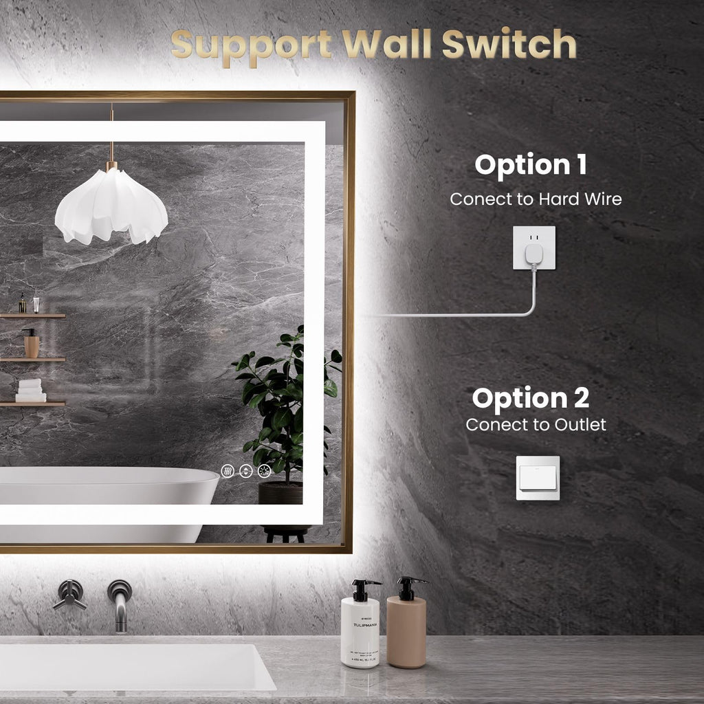 36"X30" LED Bathroom Mirror with Front Lit and Backlit(Brushed Gold)