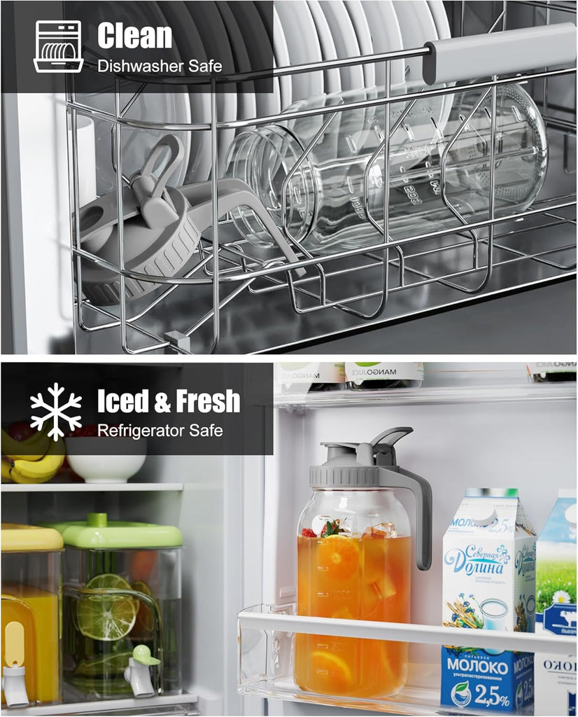 Glass Pitcher with Lid - 64oz Glass Mason Jar Pitcher with Wide Mouth, Airtight Seal, Leak-Proof, Spout Design