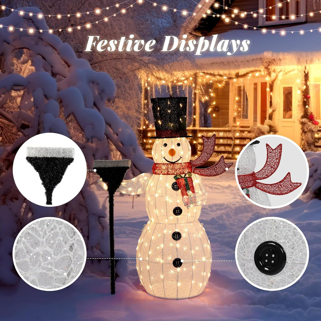 5FT Outdoor Snowman Christmas Decorations, Lighted Outdoor Snowman w/200 LED Lights, Tall Hat, Red Scarf, Zip Ties