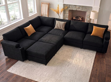 Sectional couches, Oversized Modular Cloud U Shaped Couch, FSC Certified Chenille, Removable Chaise Sofa (Black, L