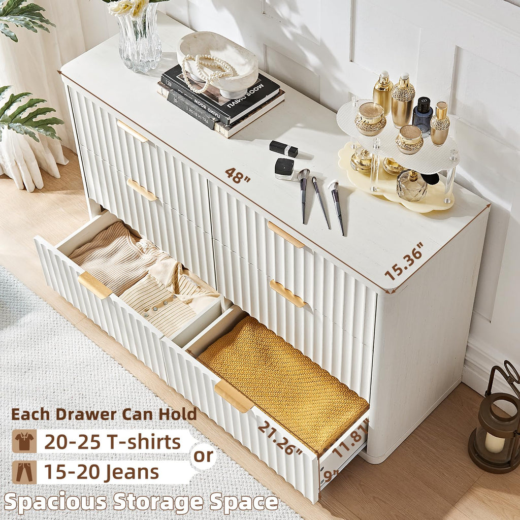 Fluted 6 Drawers Dresser, 48" Wide Modern Chest of Drawers with Wood Grain Top, Curved Profile Design, Dresser TV