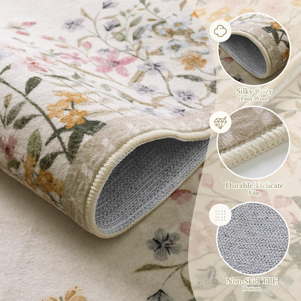 Washable 6x9 Area Rugs, Large Living Room Rug, Non-Slip Soft Floral Rugs for Bedroom, Botanical Area Rug Carpet for