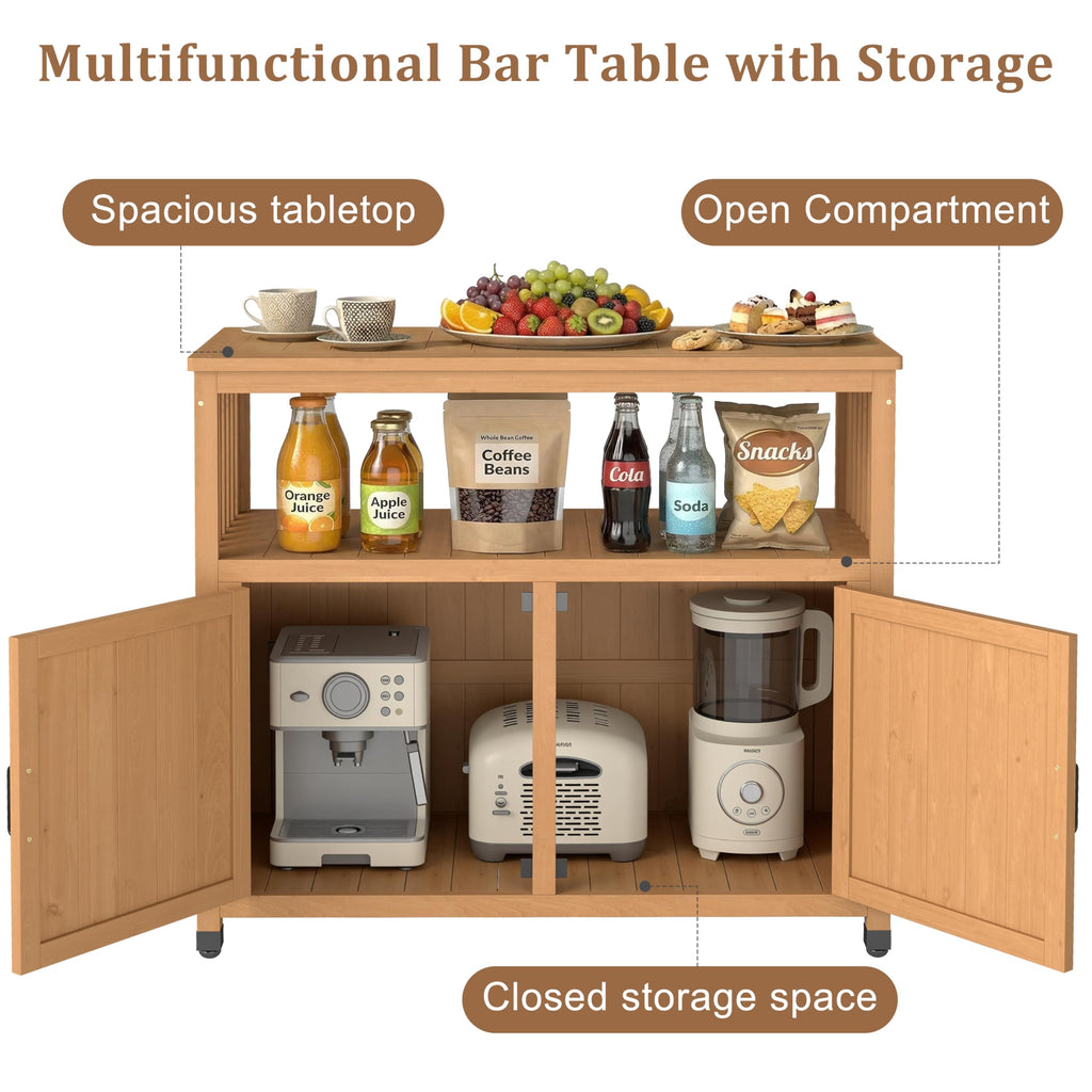Outdoor Patio Bar Table, Wooden Serving Station with Storage Cabinet