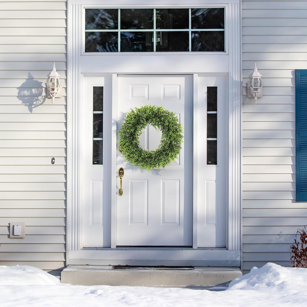 22inch Artificial Boxwood Wreath for Front Door, Spring Summer Wreath Faux Greenery Leaves Wreath for Front Door Wall