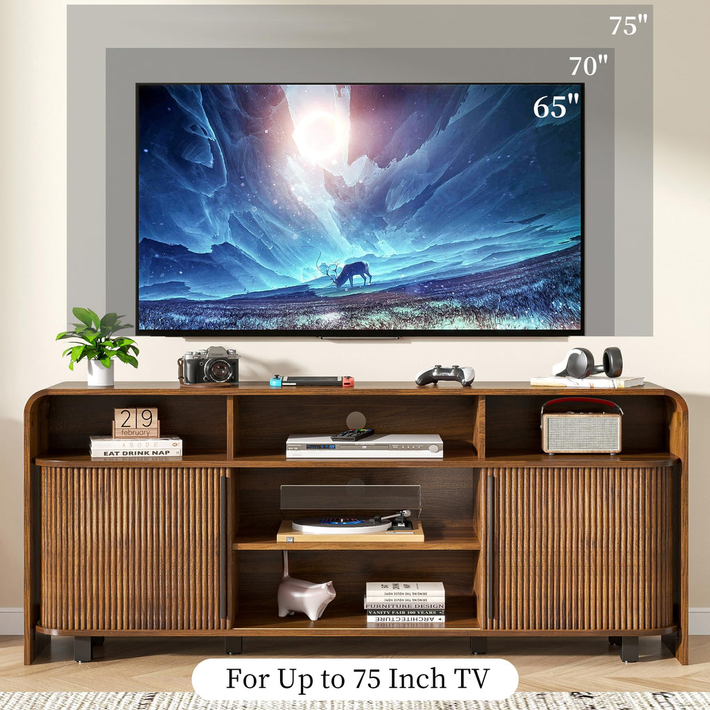 Walnut TV Stand for 65 70 75 Inch TV, Fluted Mid Century Modern TV Console with Sliding Doors, 63 Inch Entertainment