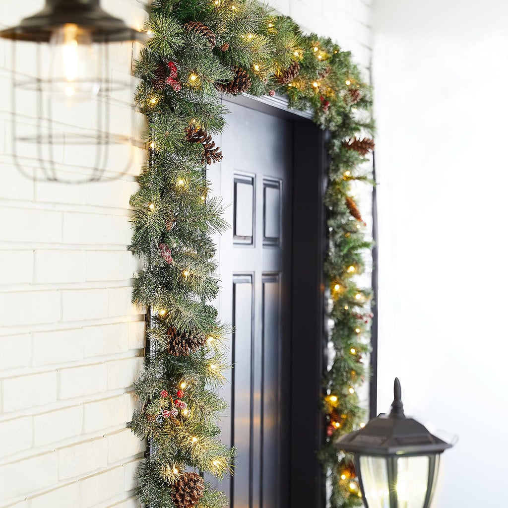 2PCS with Lights, Christmas Garland for Mantle, Pre-Lit Artificial Christmas Garland Glittered Pine Cones Berries