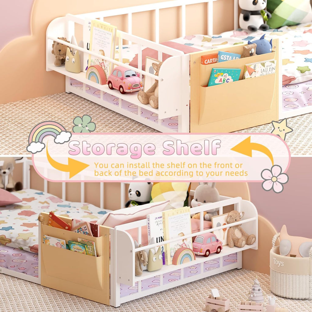 Floor Bed for Kids with Safety Guardrails, Montessori Bed White