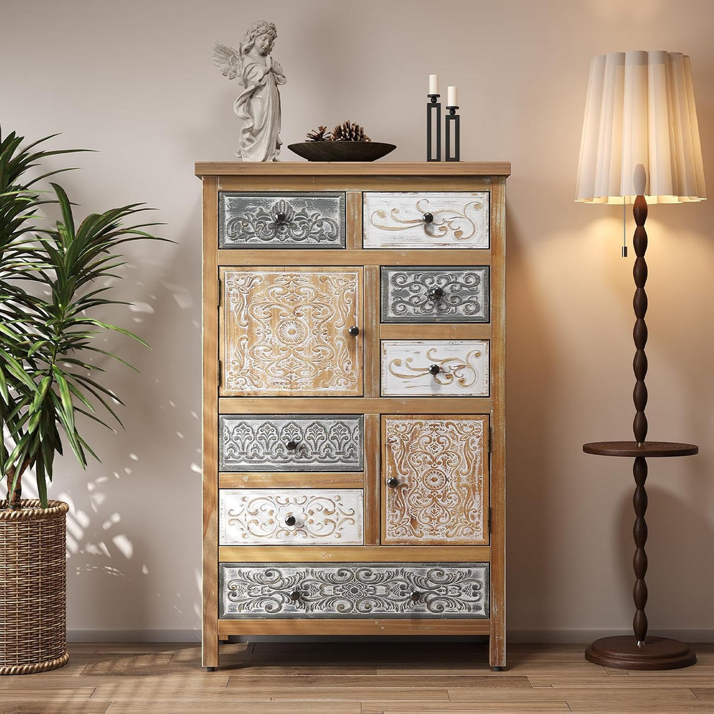Solid Wood Tall Accent Chest with Drawers,Carved Storage Cabinet | Storage Drawers,Solid Wood Material,Hand-Carved