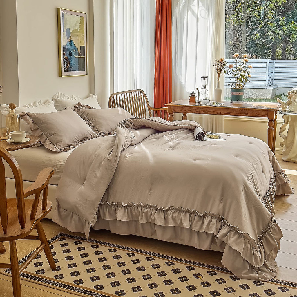 Taupe Comforters Set, Vintage Boho Chic Farmhouse Bedding Sets Shabby Ruffle Bed Comforter Bedding