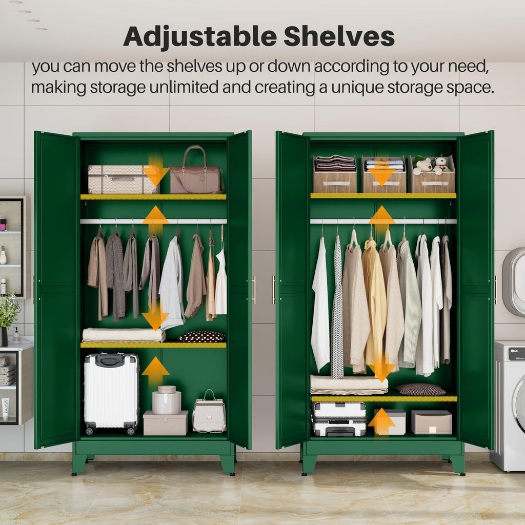 Metal Armoire Wardrobe Closet with 2 Mirror Doors, 71" Wardrobe Cabinet with Adjustable Shelves and Hanging Rod