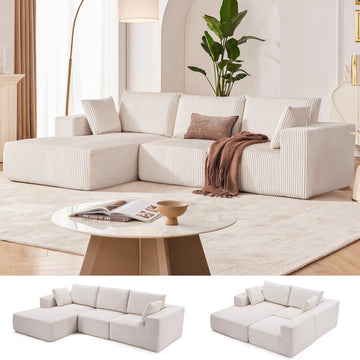 108" Boneless Couch with Chaise, Cloud Sectional Modular Sofa, Beige