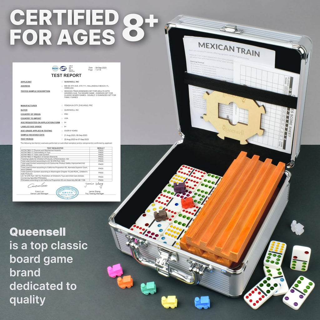 Mexican Train Dominoes Set with 8 Holders - Wooden Hub and Tiles Holders - Double 12 Tiles with Dots (D12 + 8 Holders)