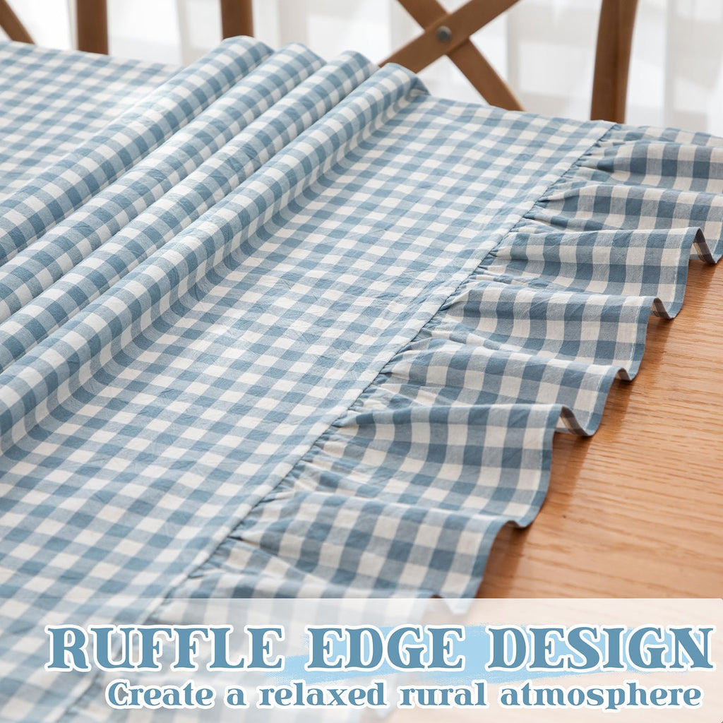 Dusty Blue Gingham Tablecloth 52 x 70 Inch, Cotton Plaid Tablecloth