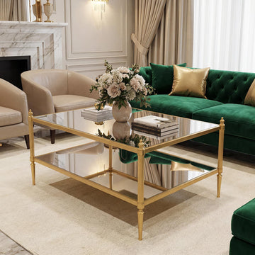 Gold Glass Coffee Table, 2 Tier Rectangular Coffee Table with Tempered Mirror Top and Glass Shelf, Fluted Metal