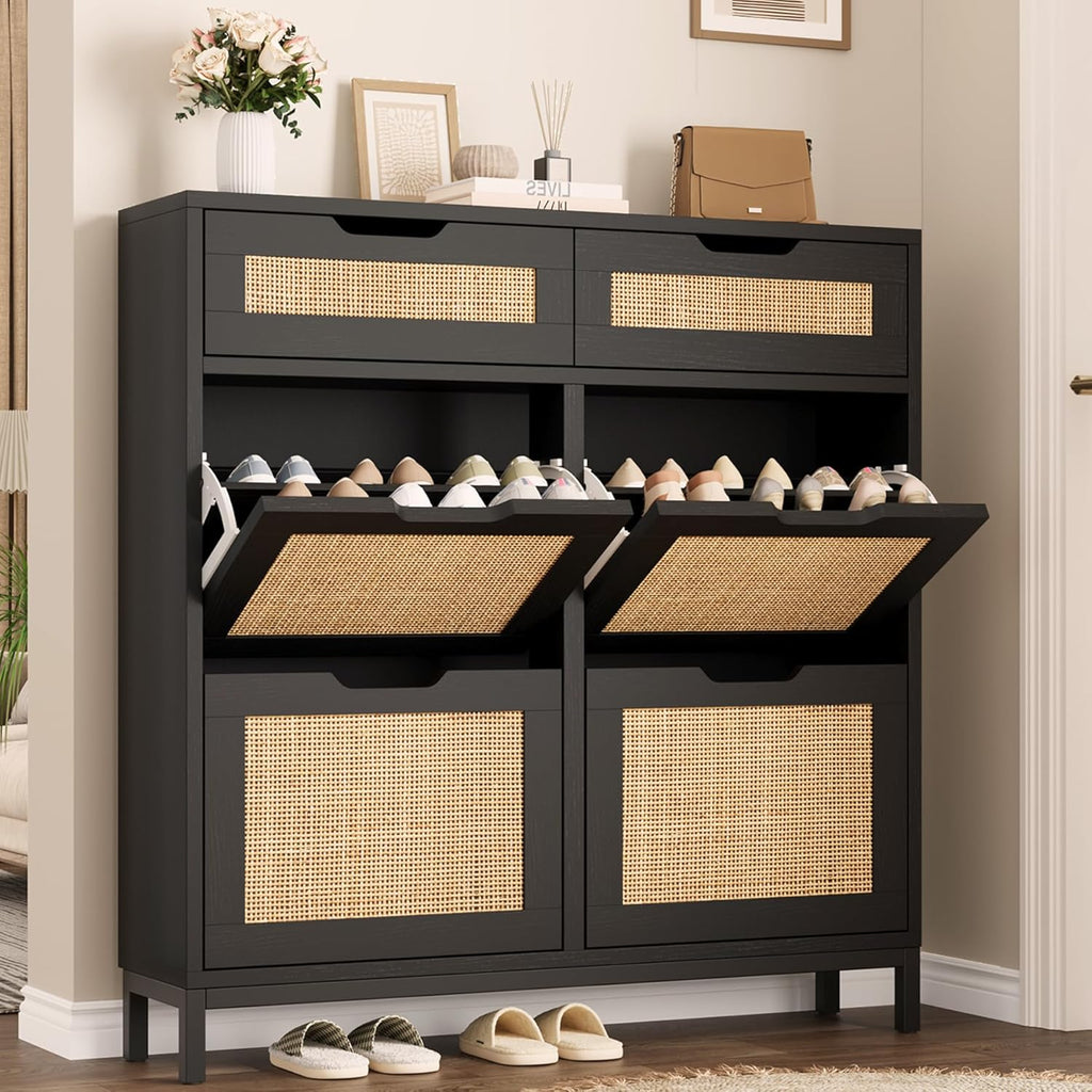 Rattan Shoe Cabinet , Boho Shoe Storage Cabinet with 4 Flip Drawers and 2 Drawers, Narrow Freestanding Shoe Rack with