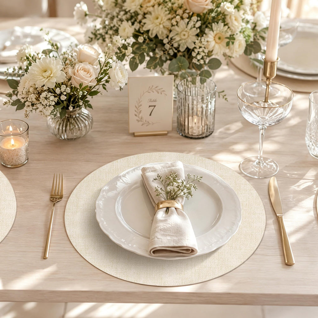 Faux Leather Round Placemats Set of 6, 13.8 inch, Beige