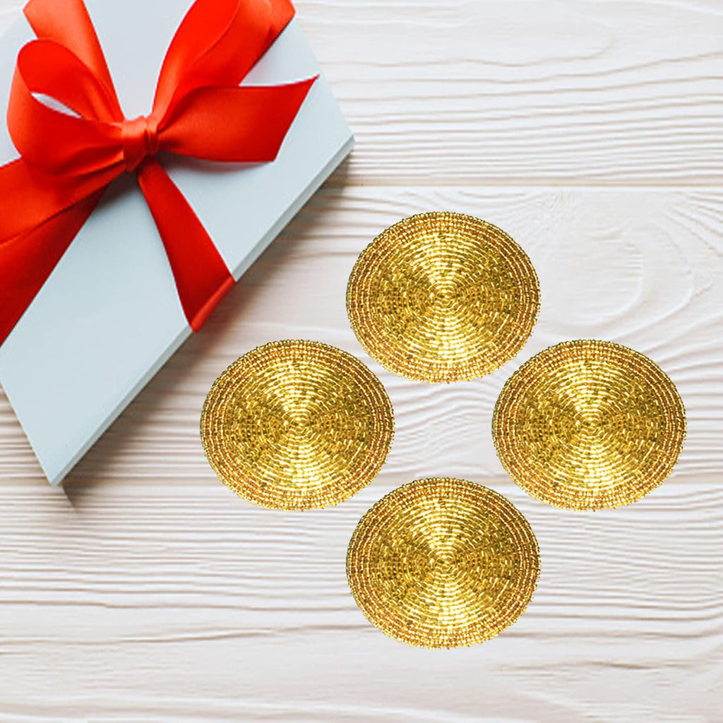 Indian Handmade Top Table Accessories Gold Shimmering 4" Round Beaded Coasters Suitable for Cold Drinks Mugs Cups - Set of 4