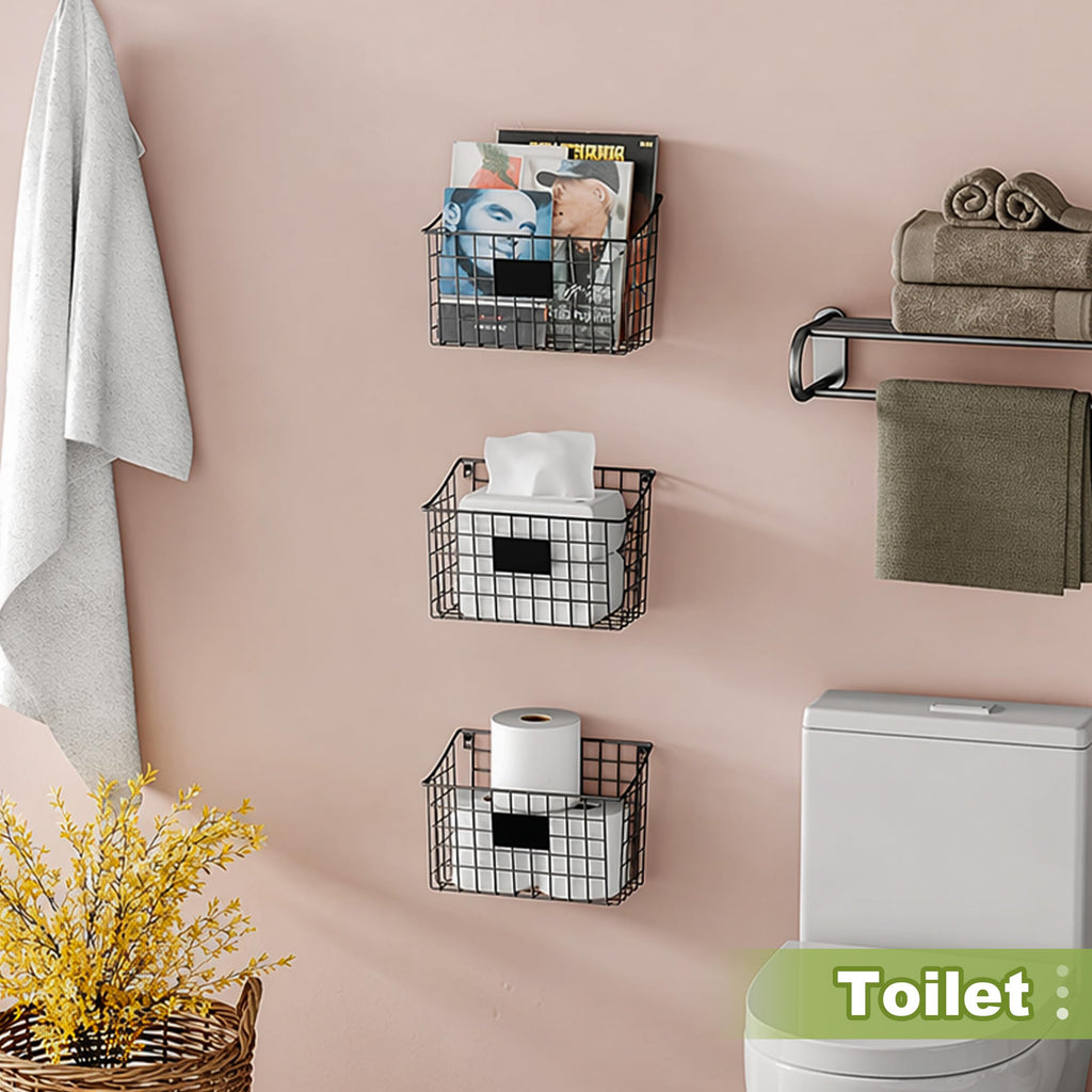 Wall Mounted Bin Basket with 5 Hooks 3 Label Plate Adhesive-3 Pack, Cabinet Hanging Metal Wire Basket, Rustic