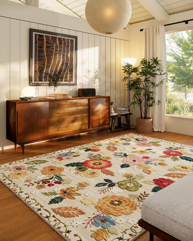 8x10 Washable Vintage Floral Area Rug, Low Pile Non-Slip Faux Wool Carpet for Living Room Bedroom